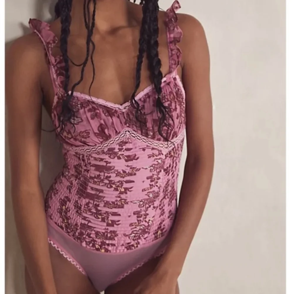 Free People Pink Floral Lace Corset Bodysuit